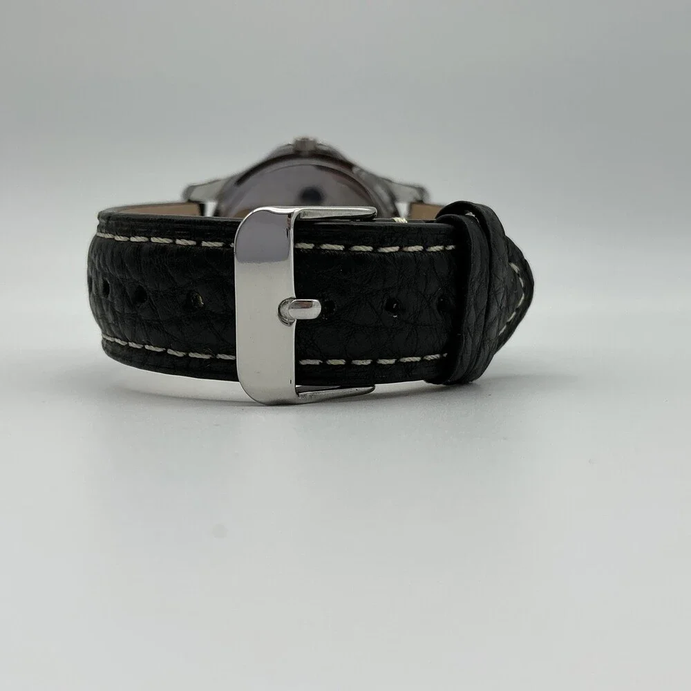 Dufonte 83028BK Mens Watch 39mm Black Dial Silver Tone Leather New Battery